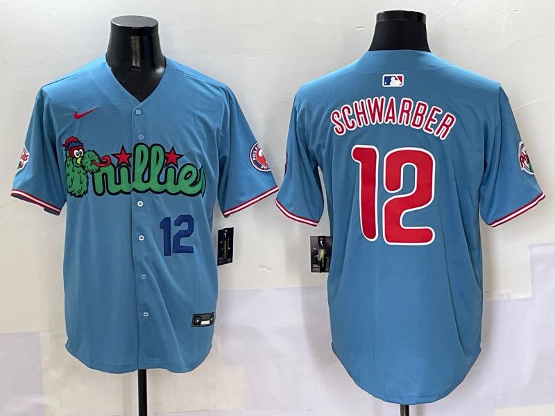 Men Philadelphia Phillies #12 Schwarber Light Blue three generations Joint Name Nike 2025 MLB Jersey style 2